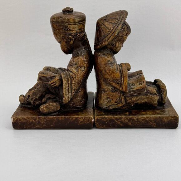 Vintage Oriental Asian Boy & Girl Reading Bookends Chalkware 1960's Brown - Picture 2 of 10